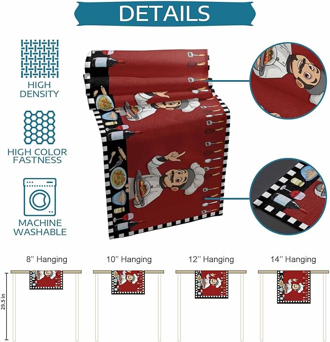 Red Chef Gourmet Cotton Linen Table Runner for Dining Kitchen, Wedding Outdoor Party Tablerunners Decoration, Black White Check Plaid Funny Kitchen Dresser Scarf Coffee Tablecloth Runners 13x90 Inches