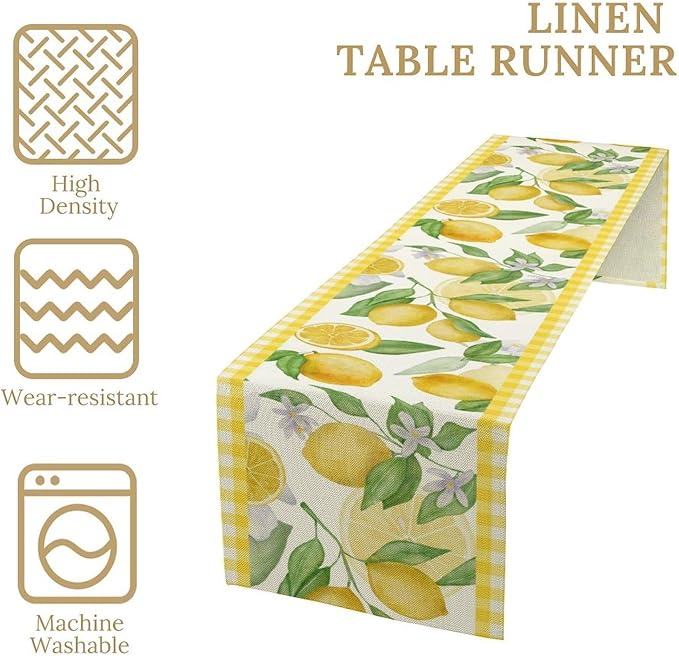 Lemon Table Runner,Yellow White Buffalo Plaid Summer Table Runner for Kitchen Dining Table Home Party Decoration 13x108 Inch