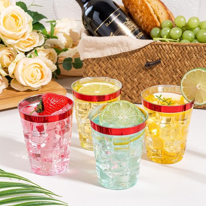 DaYammi 100 Pack Red Plastic Cups 10 Oz Clear Red Rimmed Plastic Cups for Party Fancy Disposable Cup for Wedding Disposable Glasses Clear Tumblers with Rim for Birthday Elegant Wine Cocktail Cup