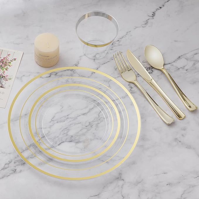 BESTVIP 300PCS Plastic Dinnerware Set (50 Guests), Clear Gold Disposable Plates for Party, Wedding, Christmas, Anniversary, Includes: Dinner Plates, Dessert Plates, Cups, Spoons, Forks and Knives
