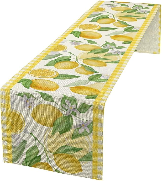 Lemon Table Runner,Yellow White Buffalo Plaid Summer Table Runner for Kitchen Dining Table Home Party Decoration 13x108 Inch