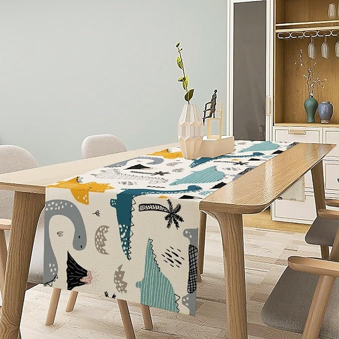 Cartoon Dinosaur Table Runner,Kids Boys Cute Various Dino Moutain Modern Abstract Print Tablecloth Burlap for Hotel Indoors Outdoor Dining Room Kitchen Holiday Party, 13x80in