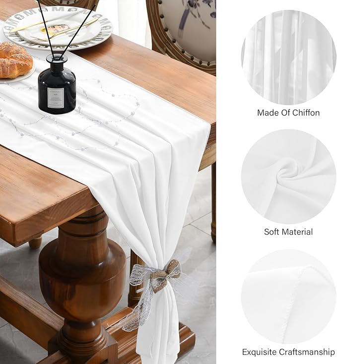 6 Pack 10 Ft Chiffon Table Runner White Gauze Long Table Runners 27x120 Inches Sheer Tulle Table Runner for Rustic Wedding Reception Bridal Shower Decorations Birthday Party