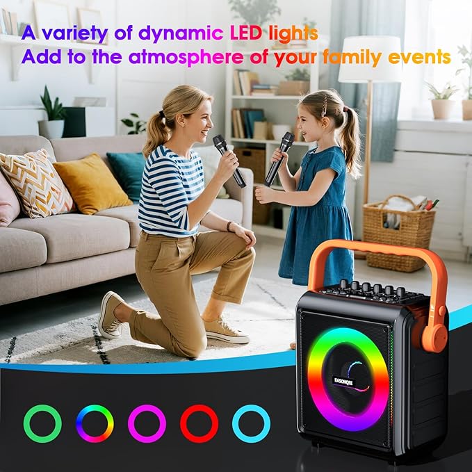 Karaoke Machine,8000mAh Portable Bluetooth Speaker with 2 Wireless Microphones for Adults & Kids,Microphone Speaker Set with Lights,Supports for TF Card,AUX in,FM,REC,for Parties,Outdoor,Home (HBL100)