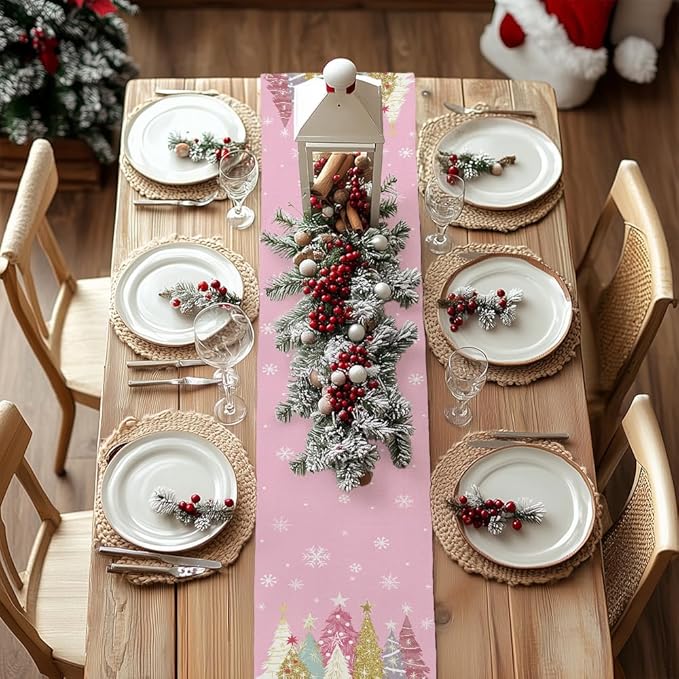 GEEORY Christmas Table Runner 13x60 Inch, Xmas Trees Snowflakes Holiday Decorative Farmhouse Table Decoration for Kitchen Dinning, Indoor Outdoor Dinner Party Decor (Pink) GT153-60