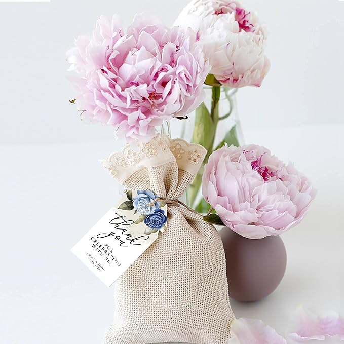 Andaz Press 100-Pack Personalized Thank You Tags with Bakers Twine ICY Blue Roses Custom Cardstock Wedding Gift Tags for Wedding Party Favors 2 x 3.75-Inches