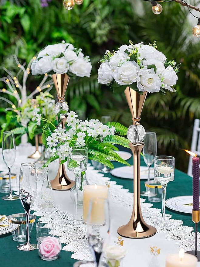 VIJIV Gold Flower Vase for Centerpiece Table Decorations Wedding Reception Decor, 15.8 Inch Tall Metal Vase for Feather Flower Holder Stand Floral Arrangement Gatsby Party Dinner Event Hotel