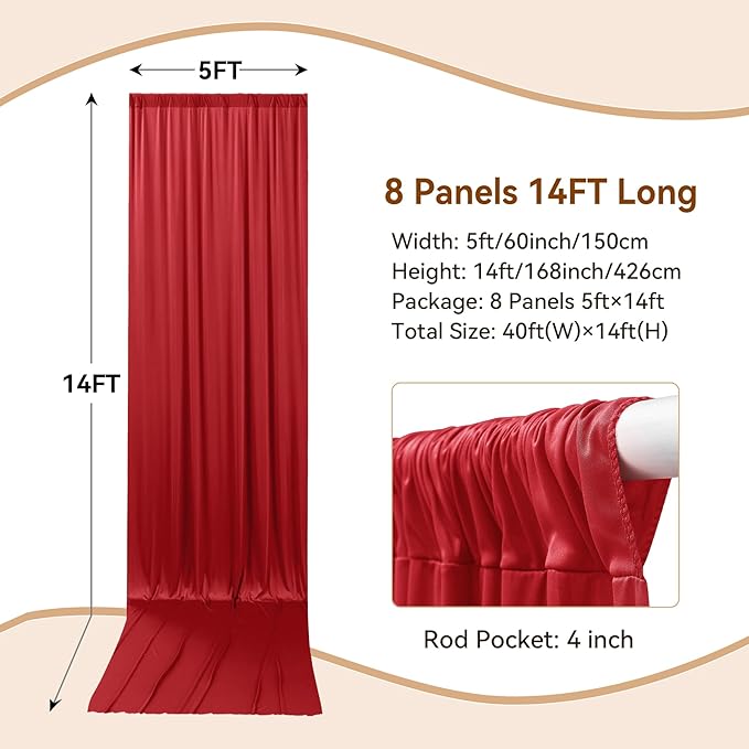 40×14ft Wrinkle Free Red Backdrop Curtain for Wedding Parties,8 Panels 5×14ft Height Soft Silky Polyester Backdrop Drapes Red Photo Back Ddrop Curtains for Event Photography Christmas Background Cloth