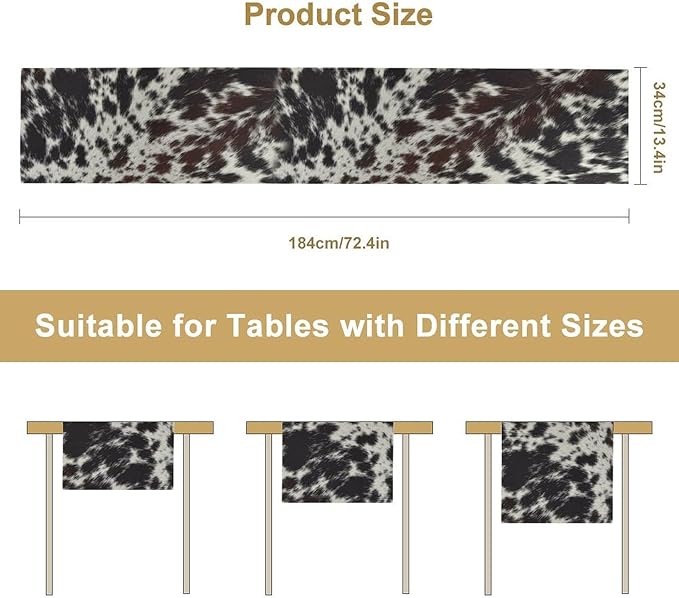 Cow Print Table Runner, Country Farm Animal Fur Skin Pattern Western Style Black Brown Cowhide Print Dinner Runner for Home Kitchen Dining Home Setting, 13x60 Inch