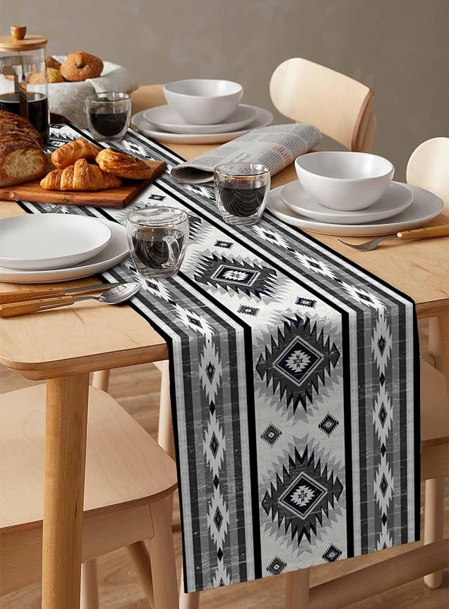 Aztec Southwest Cotton Linen Table Runner for Dining Kitchen, Wedding Outdoor Party Tablerunners Decoration, Boho Ethnic Tribes Vintage Grey Dresser Scarf Coffee Tablecloth Runners 13x120 Inches