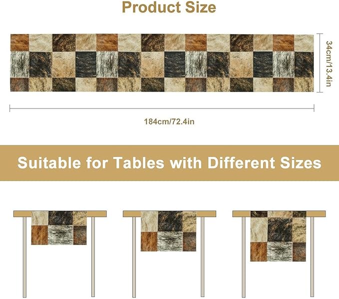 Rustic Cow Skin Patchwork Print Table Runner, Farmhouse Country Western Style Fur Table Cover for Dinning Home Party Holidays Home Setting, 13x108 Inch