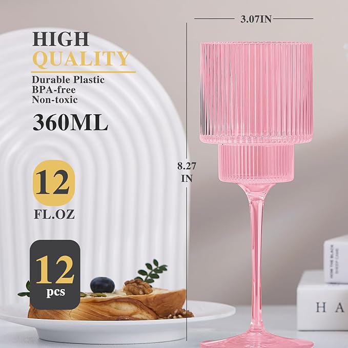 Plastic Goblets Wine Glasses - 12Oz Acrylic Wine Glasses Origami Unbreakable Clear Plastic Cocktail Glasses Recyclable Shatterproof Reusable Wine Cups for Parties & Weddings (Pink 1)