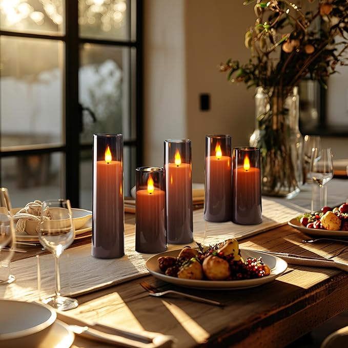 Amagic Grey Flameless Candles with Remote, Flickering Battery Operated Candles with Timer, Acrylic LED Fake Candle for Halloween Home Decor, 3D Wick, D2.2 xH5 5" 6" 7" 8", Set of 5