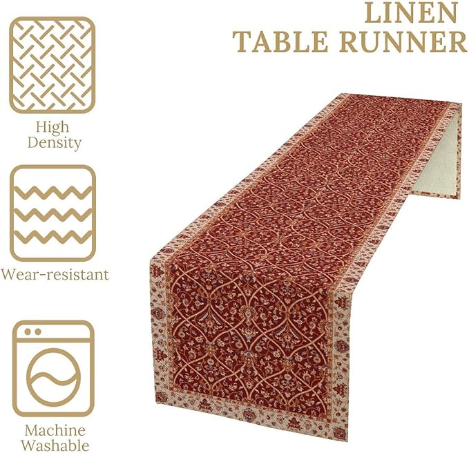 Boho Floral Vintage Table Runner, Red Retro Flower Rustic Country Farmhouse Abstract Pattern for Home Kitchen Table Decor Dining Coffee Room Party Decor 13x36in