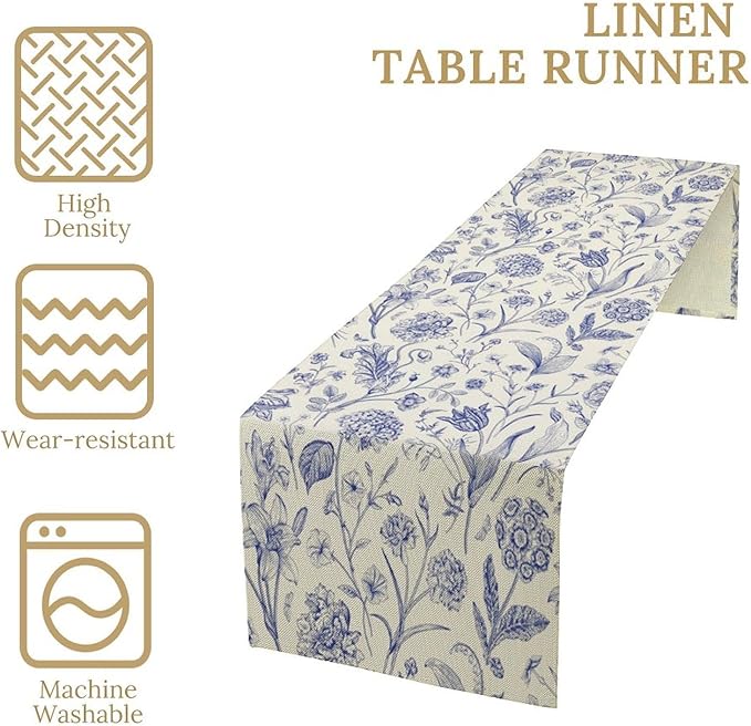 Monochrome Sketch Flowers Table Runner, Seasonal Spring Fall Plants Blue Florals Dinner Runner for Home Kitchen Dining Table Party Holiday Decoration 13"x108"