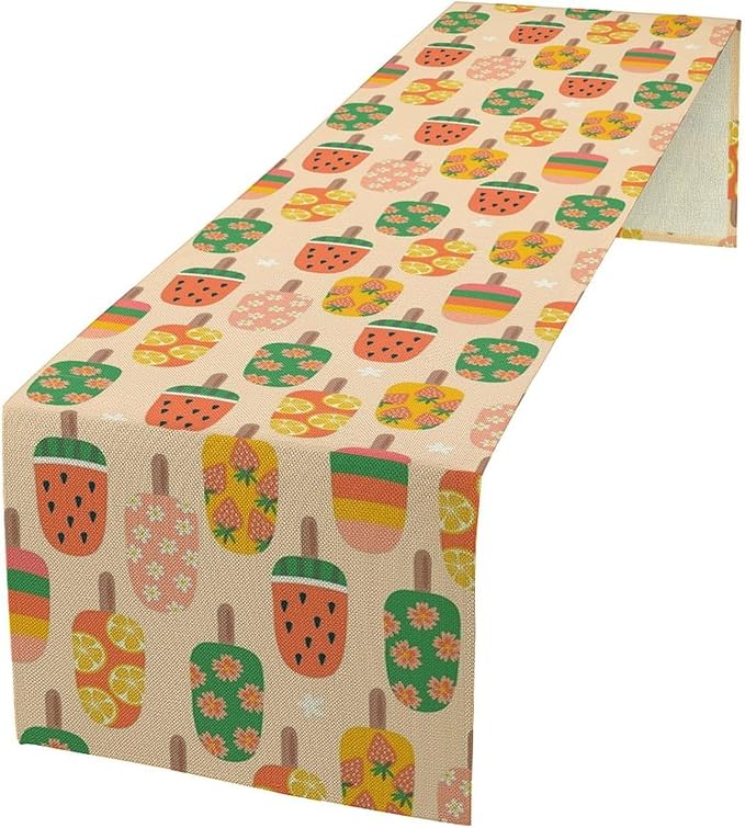 Summer Popsicles Table Runner, Colorful Cute Ice Cream Childish Seasonal Dinner Runner for Party Holiday Home Kitchen Dining Table Decor 13"x90"