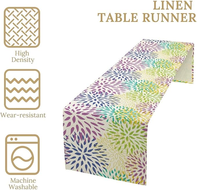 Purple Flowers Table Runner, Chrysanthemum Dahlia Vintage Modern Colorful Spring Summer Elegant Table Runner for Party Kitchen Dining Living Room Laundry Room Decor, 13x70 Inch
