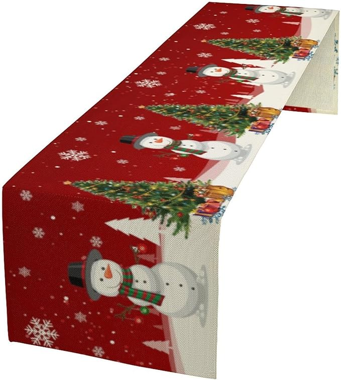 Christmas Table Runner,Snowman Rustic Red Snowflake Winter Table Cloth Kitchen Dining Table Decoration for Home Party Decor 13x120 Inch