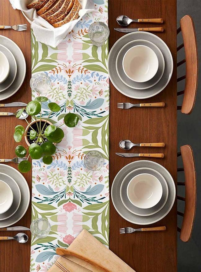 Green Blue Pink Boho Floral Cotton Linen Table Runner for Dining Kitchen, Wedding Outdoor Party Tablerunners Decoration, Retro Bohemian Botanical Dresser Scarf Coffee Tablecloth Runners 13x72 Inches