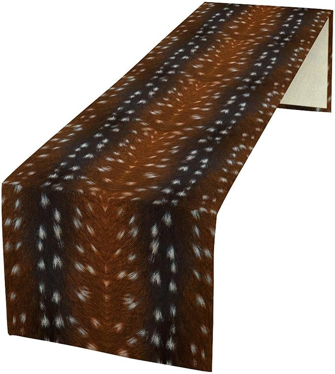 Deer Skin Table Runner Brown Fur Runner Black White Elk Deer Print Fur Western Print Cotton Linen Cottage Dinner Table Runners for Dining Room Kitchen Table Setting, 13x108 Inch