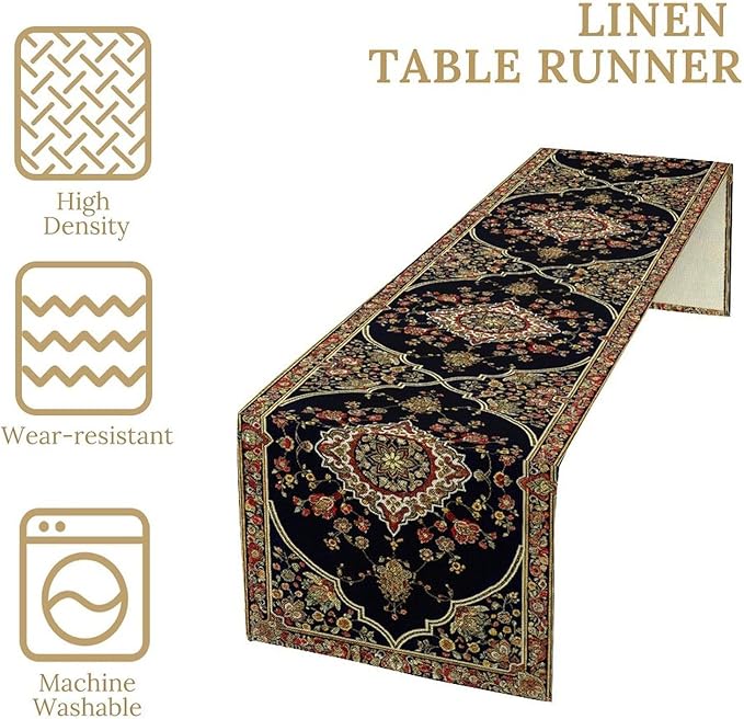 Vintage Boho Floral Table Runner, Rustic Country Farmhouse Black Bohemia Flower Pattern for Home Kitchen Table Decor Dining Cafe Room Wedding Party Decor 13x90in
