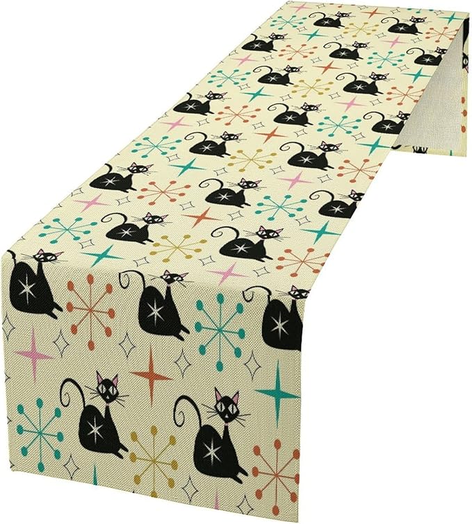 Mid Cat Table Runner, Vintage Black Cat and Atomic Stars 1950s 1960s Abstract Geometric Space Pattern Table Decoration for Home Kitchen Restaurant 13x60 Inches