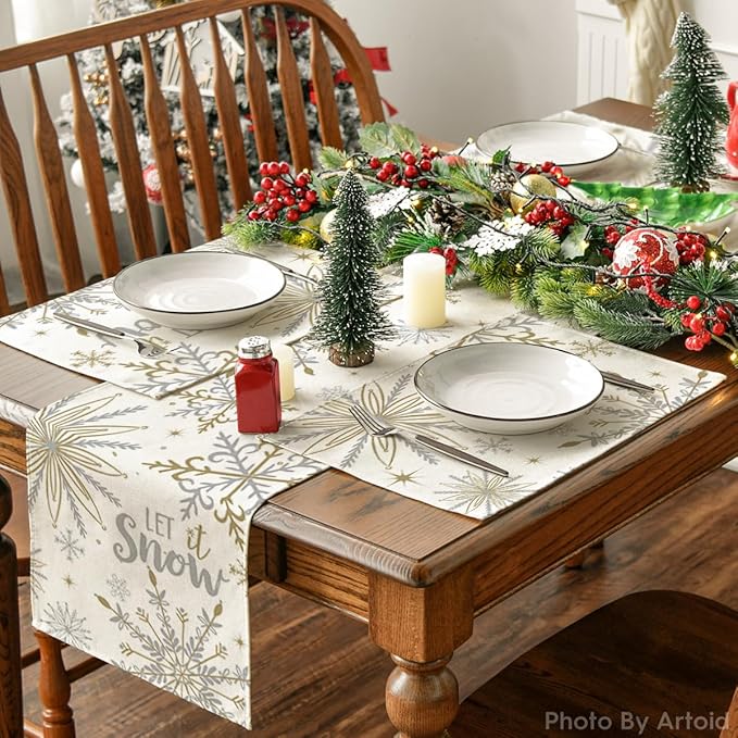 Artoid Mode Beige Snowflake Let It Snow Winter Placemats Set of 8, 12x18 Inch Seasonal Christmas Table Mats for Party Kitchen Dining Decoration
