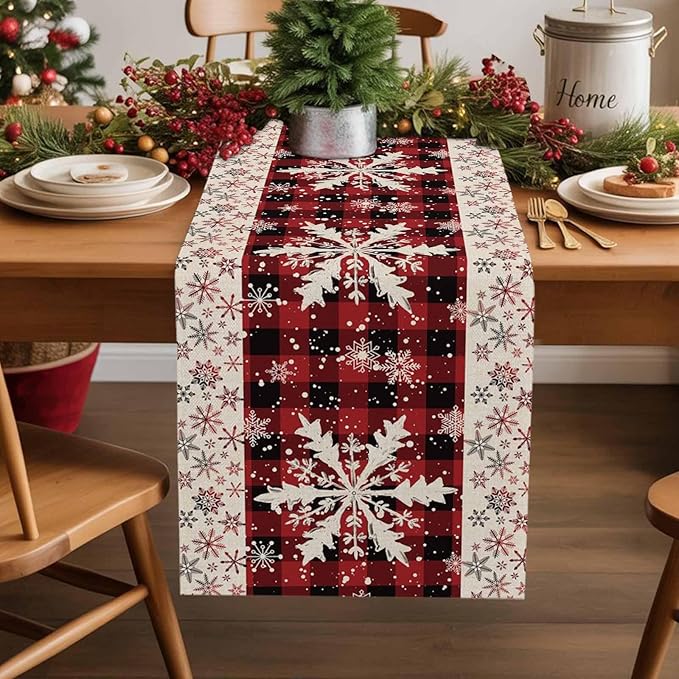 Buffalo Plaid Christmas Cotton Linen Table Runner for Dining Kitchen, Snowflake Red Black Check Wedding Outdoor Party Tablerunner Decoration, Retro Dresser Scarf Coffee Tablecloth Runners 13x90 Inches