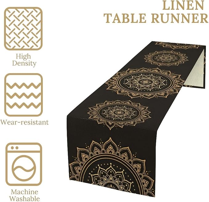 Golden Mandala Table Runner, Traditional Indian Gold Black Flower Vintage Luxury Bohemian Mandala Table Runner for Home Kitchen Dinning Table Indoor Outdoor Holiday, 13x90inch