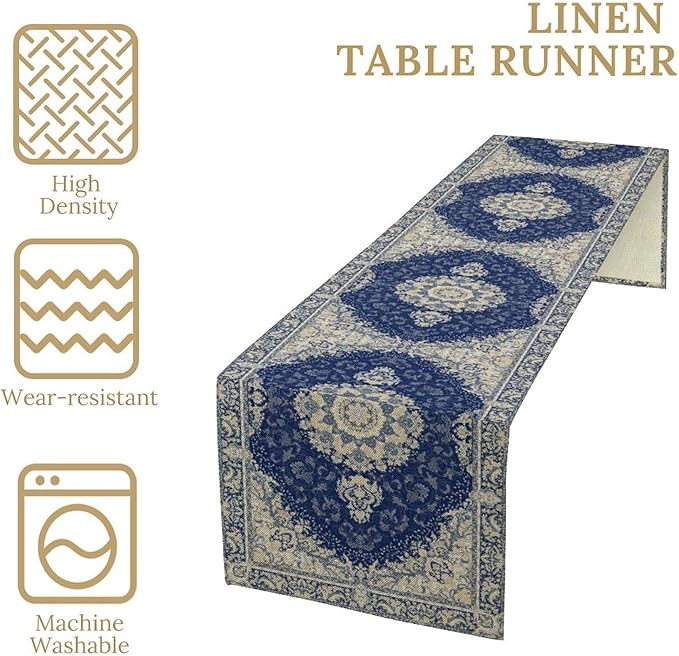 Boho Bohemia Style Dark Blue Table Runner, Country Rustic Farmhouse Magical Abstract Print Pattern for Home Kitchen Table Decor Dining Coffee Room Garden Party Decor 13x90in