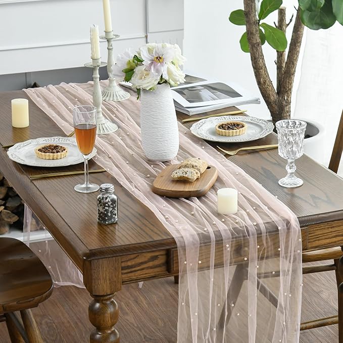 Artoid Mode Pearl Pink Gauze Table Runner 59x120 Inch , Seasonal Sheer Kitchen Dining Holiday Wedding Birthday Baby Shower Table Decor for Home Party
