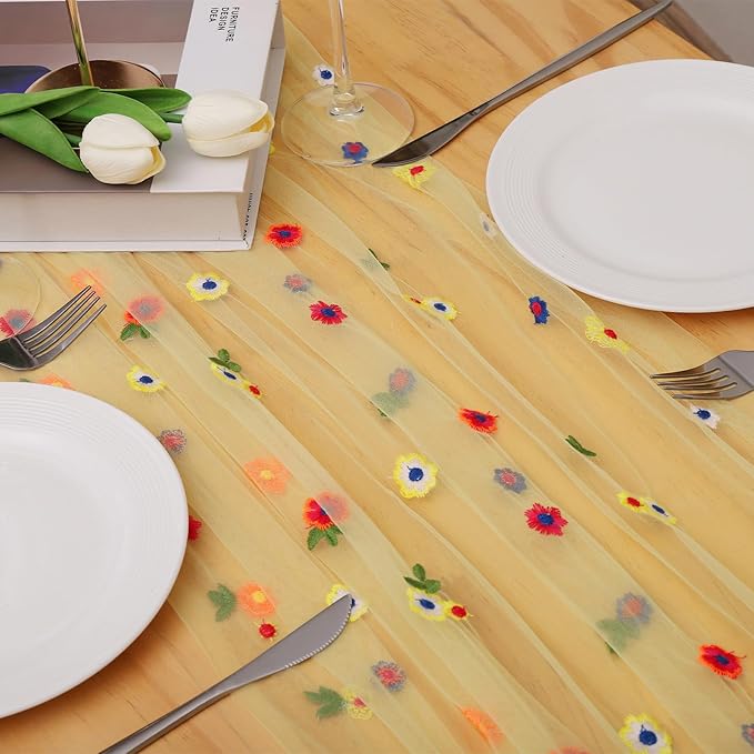 BINBE 3pcs Daisy Fall Table Runner Embroidery Gauze 10FT Florals Seasonal Tulle Holiday Birthday Kitchen Dining Table Decor for Home Party Yellow
