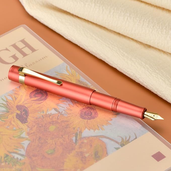 Hongdian M2 Black Forest Mini Fountain Pen, Long Blade Nib & Sleek Shape Aluminium Short Pocket Travel Pen (Orange Red)