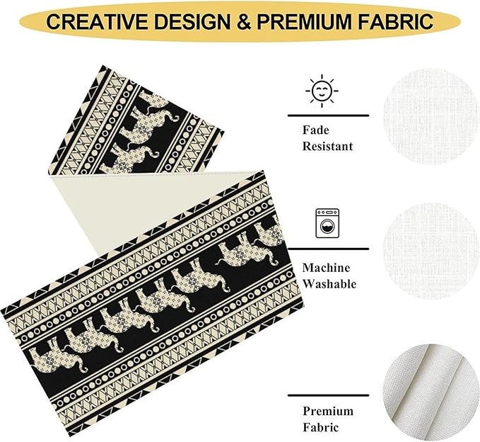 Ethnic Table Runner, Rustic Farmhouse Boho Geometric Elephant Aztec Tribal Print Black Table Center Decor for Home Kitchen Dining Patio Holiday Party Indoor Outdoor Table Decorations, 13"x108" Inch