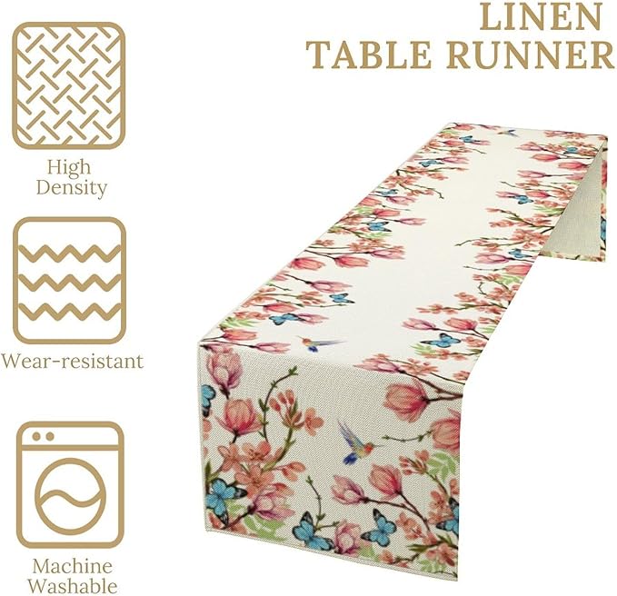 Spring Floral Bird Table Runner, Watercolor Pink Flower Plants Nature Butterfly Table Runner for Kitchen Dinner Living Room Home Party, 13x108 Inch