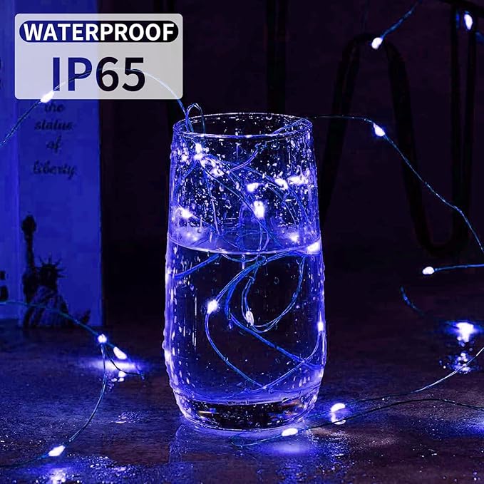 Aogist 50 Pack Fairy Lights 3 Modes 7ft 20 LED Waterproof,Battery Operated Silver Wire Firefly Starry Moon Mini String Lights for Mason Jars Christmas DIY Crafts Wedding Party Bedroom,Blue