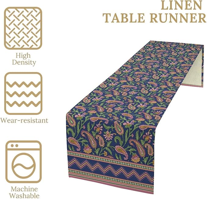 Colorful Paisley Floral Table Runner, Vintage Pink Purple Flowers Green Plants Leaves Print Table Runner for Kitchen Dining Table Indoor Outdoor Home Party, 13x36inch