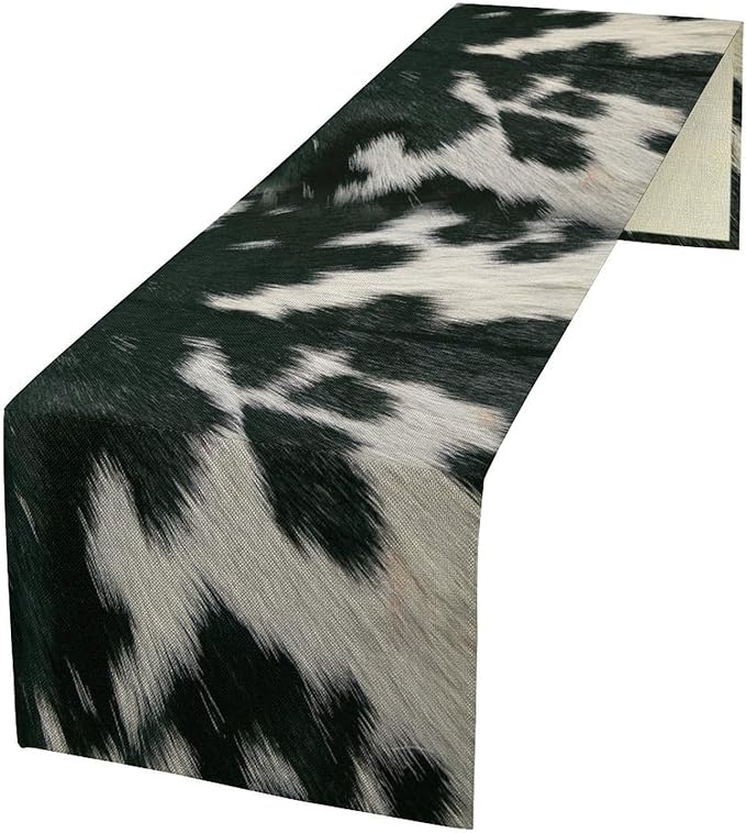 Cow Skin Print Table Runner, Rustic Country Farm Fur Skin Cowhide Pattern Western Style Black White Print Table Runner for Home Kitchen Dinning, 13x36 Inch