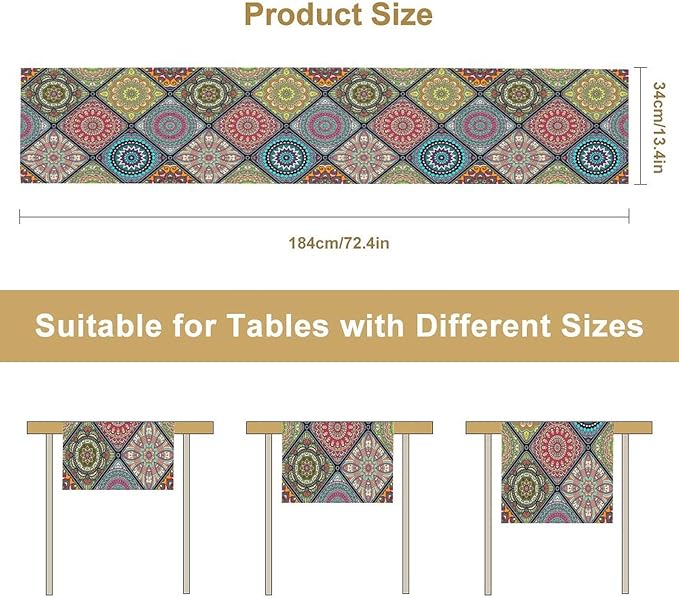 Boho Bohemian Table Runner, Vintage Indian Floral Print Table Cover for Farmhouse Kitchen Dining Table Decor Holiday Party, 13x108inch