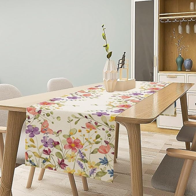 Floral Table Runner,Flowers Plant Print Spring Table Runner for Kitchen Dining Table Decoration for Home Party Decor 13x72 Inch