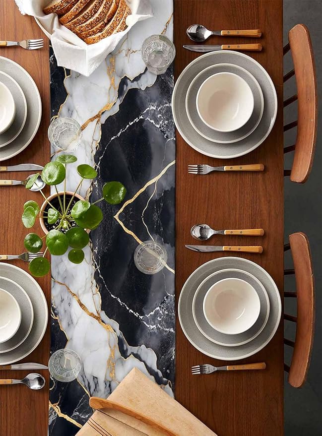 Black White Marble Cotton Linen Table Runner for Dining Kitchen, Wedding Outdoor Party Tablerunners Decoration, Nature Marble Crack Modern Art Dresser Scarf Coffee Tablecloth Runners 13x120 Inches