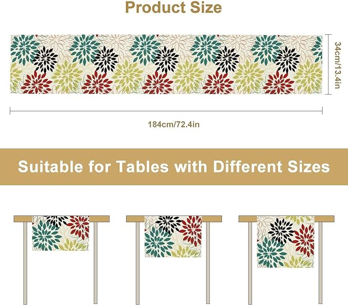Abstract Red Dahlia Vintage Table Runner, Geometric Lines Mid Century Vintage Modern Colorful Table Runner for Party Kitchen Dining Living Room Laundry Room Decor, 13x60 Inch