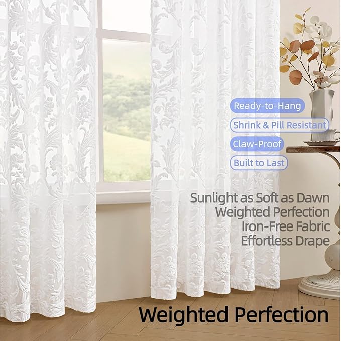 Sheer White Curtains for Bedroom Living Room Boho 63 Inches Rod Pocket Farmhouse Drapes with Floral Patterned Vintage 3D Flocked Texture & Rococo Motifs Window Curtains Set of 2 Panels, 52"W*63"L