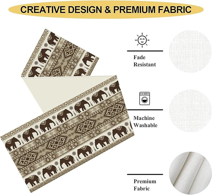 Ethnic Table Runner, Rustic Farmhouse Boho Indian Bohemian Elephant Aztec Tribal Print Beige Table Center Decor for Home Kitchen Dining Patio Holiday Party Indoor Table Decorations, 13"x72" Inch