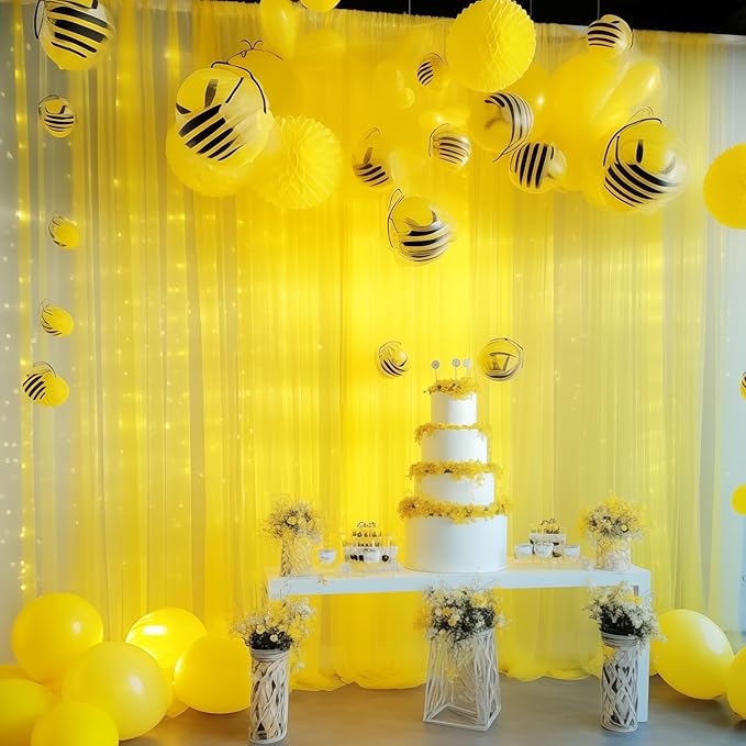 20×10ft Yellow Tulle Backdrop Curtain with Lights String for Parties, Sheer Photo Backdrop Curtains for Wedding Party Photography Background
