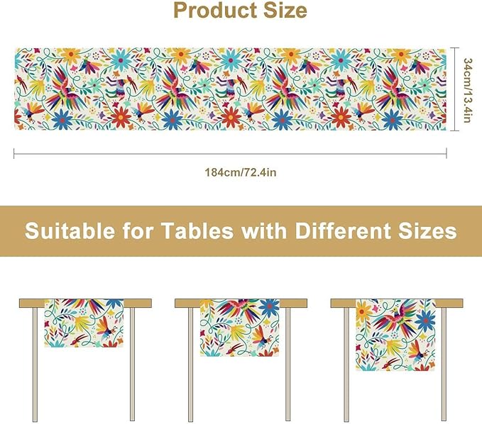 Mexican Table Runner,Boho Colorful Nature Inspired Flowers and Birds Table Cloth Kitchen Dining Table Home Party Decoration 13x90 Inch