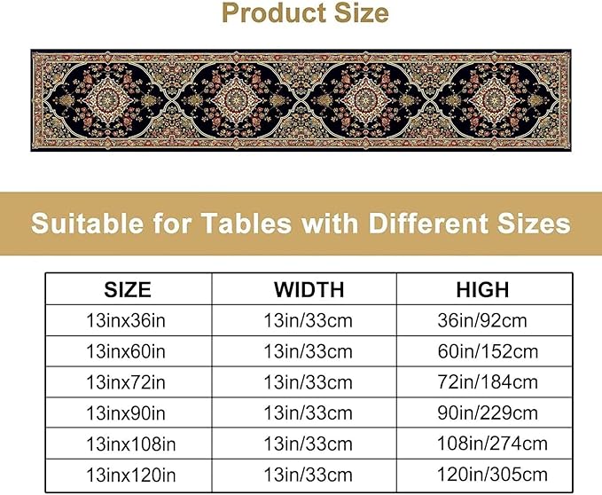 Vintage Boho Floral Table Runner, Rustic Country Farmhouse Black Bohemia Flower Pattern for Home Kitchen Table Decor Dining Cafe Room Wedding Party Decor 13x108in