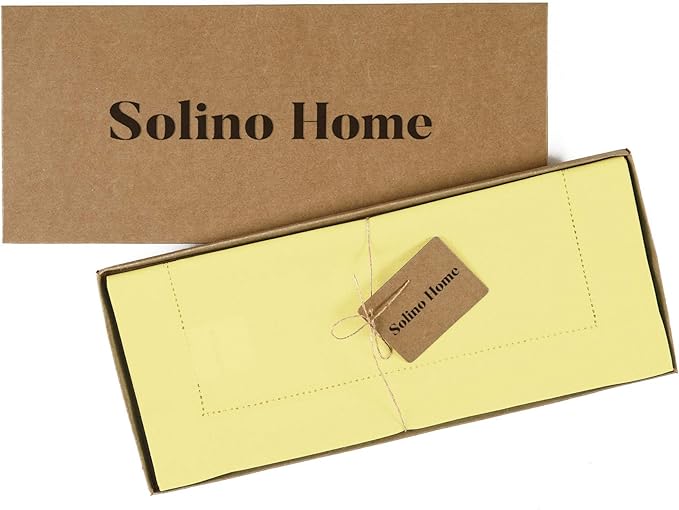 Solino Home Yellow Table Runner 60 Inches - Cotton Linen Hemstitch Coffee Table Runner 14 x 60 Inch Ideal for Dresser Tables
