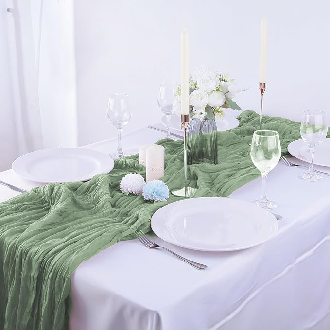 16PCS Sage Green Cheesecloth Boho Gauze Table Runner - 35x120Inch, Long, Rustic, Sheer for Wedding Party, Bridal Shower, Baby Table Decor