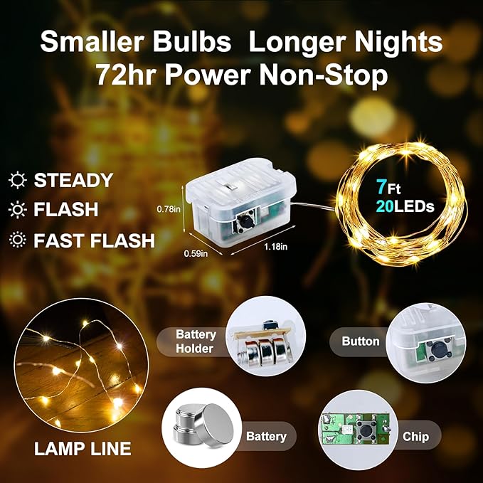 Aogist 12 Pack Fairy Lights 3 Modes 7ft 20 LED Waterproof,Battery Operated Silver Wire Firefly Starry Moon Mini String Lights for Mason Jars Christmas DIY Crafts Wedding Party Bedroom,Warm White